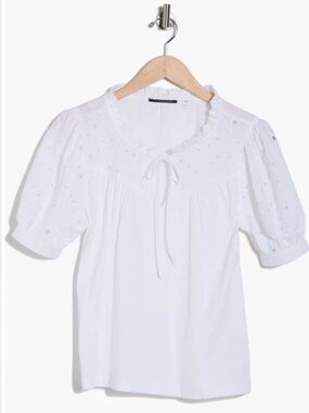 T Tahari Embroidered Short Sleeve Peasant Top Medium White NWT